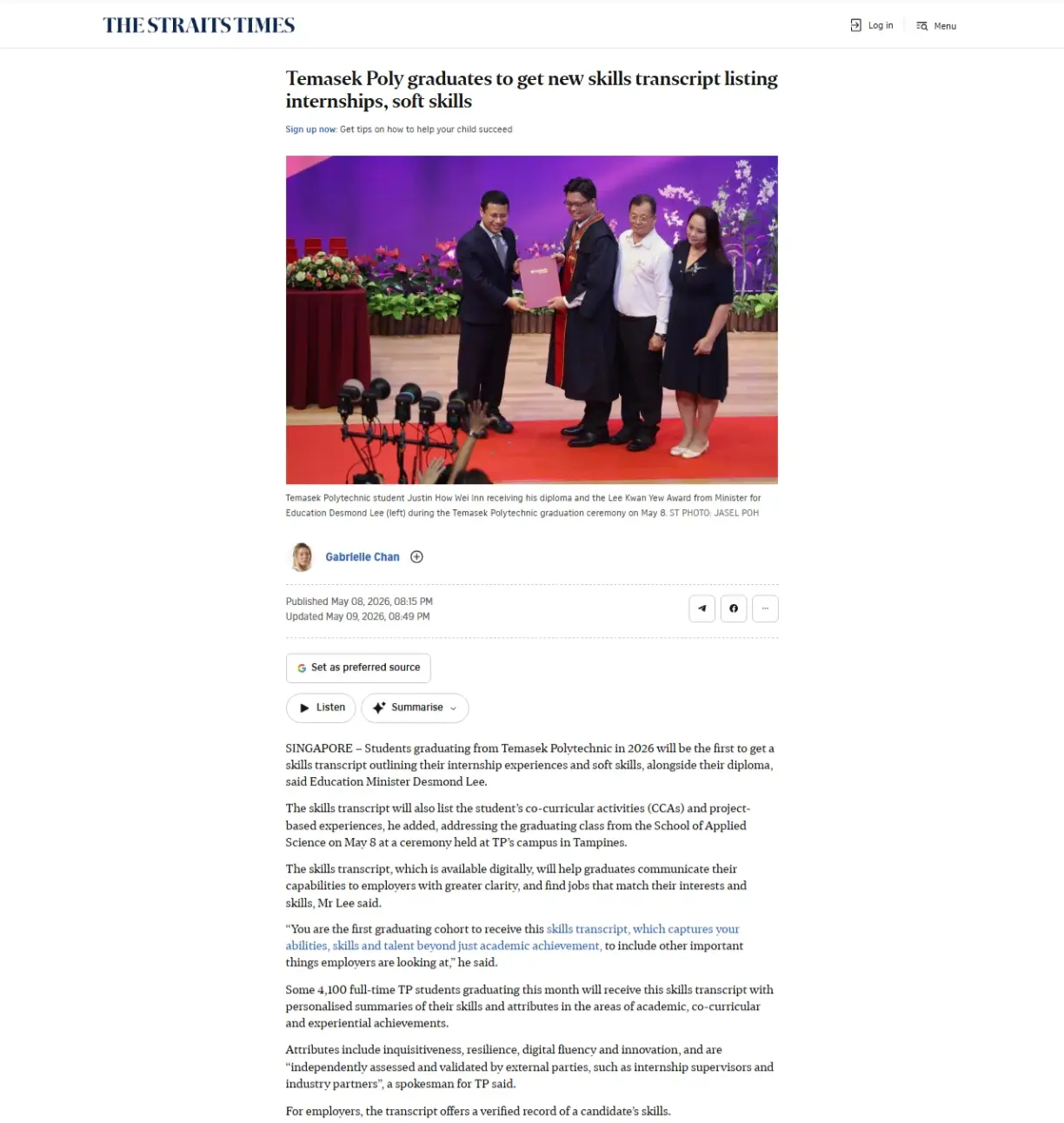 Temasek Poly graduates to get new skills transcript listing internships, soft skills 